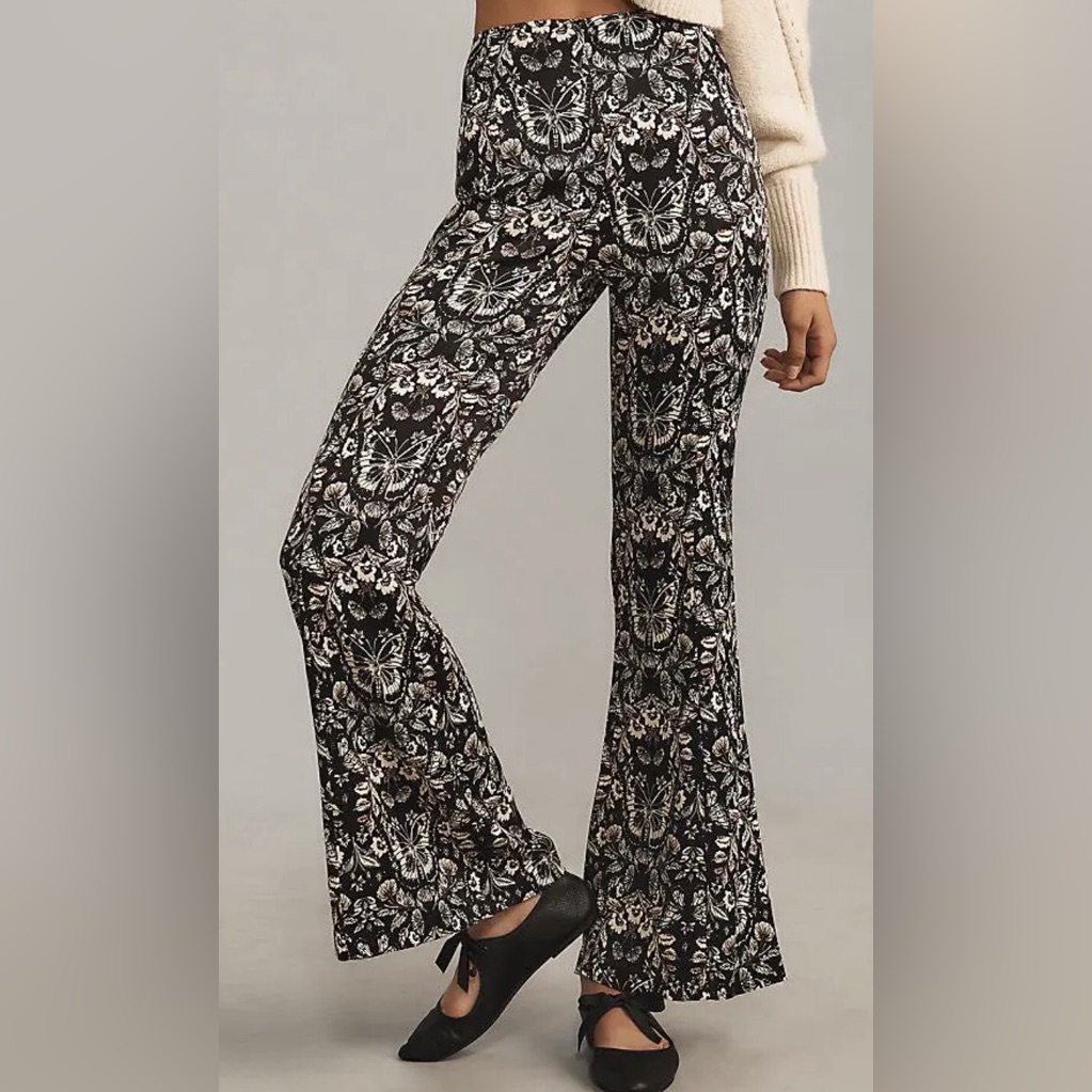 Euc By Anthropologie Satin Flare Pants Black White Butterfly Floral Print Us 10